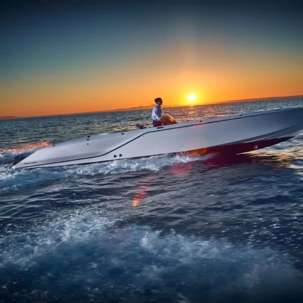 Frauscher 858 Fantom Air yacht at sunset Mallorca