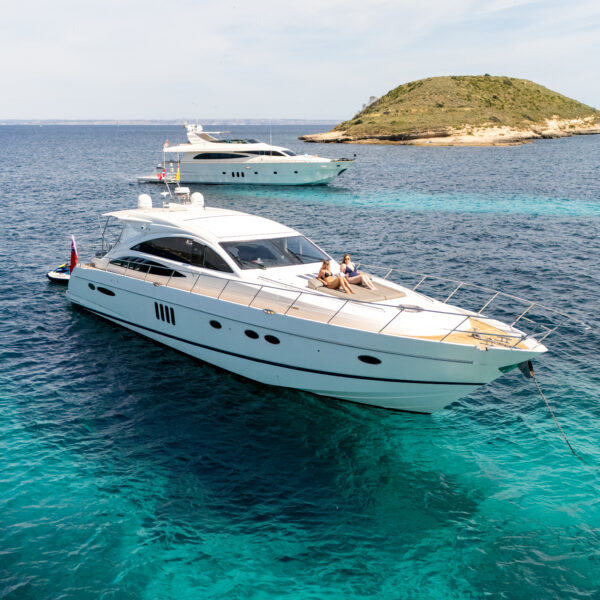 Princess V70 luxury yacht Cashflow available for charter in Mallorca with sleek design and spacious deck