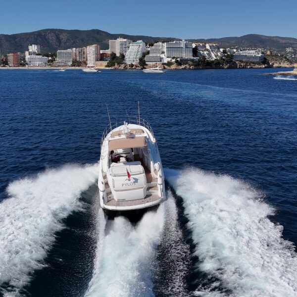 Speed ride view of Sunseeker 50 yacht Pylos in Mallorca for luxury charter